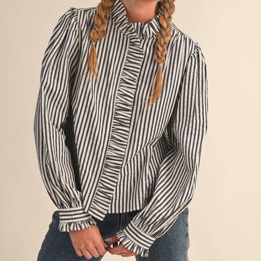 Ruffle Button Down Navy Stripe